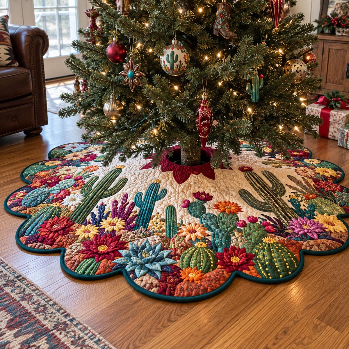 Holiday Desert Flowers Custom Shape Christmas Quilted Tree Skirt TZL0DV099