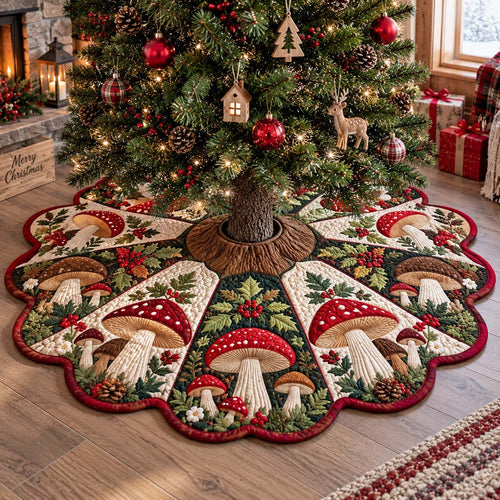 Holiday Mushroom Custom Shape Christmas Quilted Tree Skirt TZL0HH0005