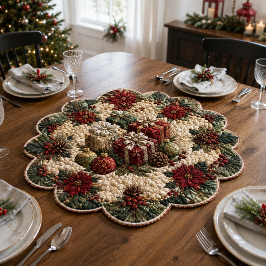 Holly Gift Wreath Custom Shape Quilted Table Topper TZL0DV004