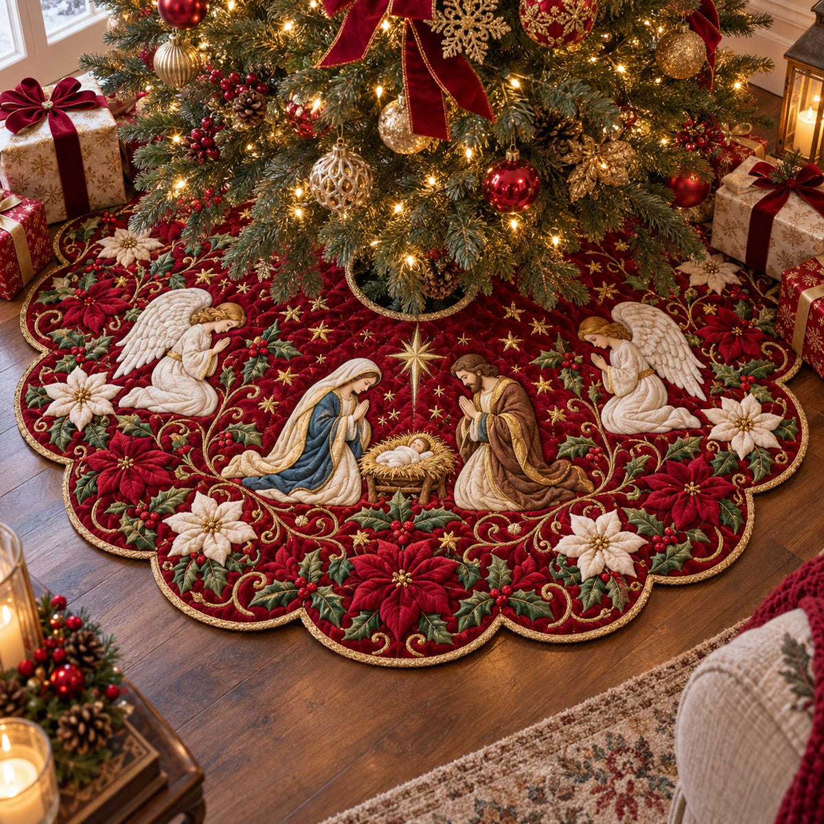 Holy Family Custom Shape Christmas Quilted Tree Skirt TZL0TD13