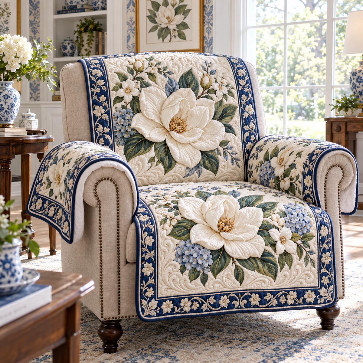 Ivory Blue Magnolia Quilted Sofa Cover TZL0DV506