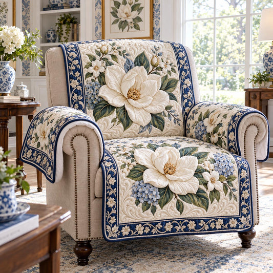 Ivory Blue Magnolia Quilted Sofa Cover TZL0DV506
