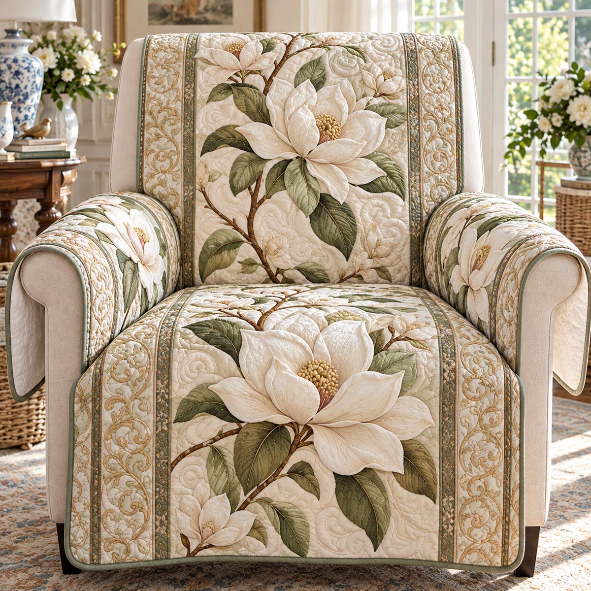 Ivory Magnolia Grace Quilted Sofa Cover TZL0DV510