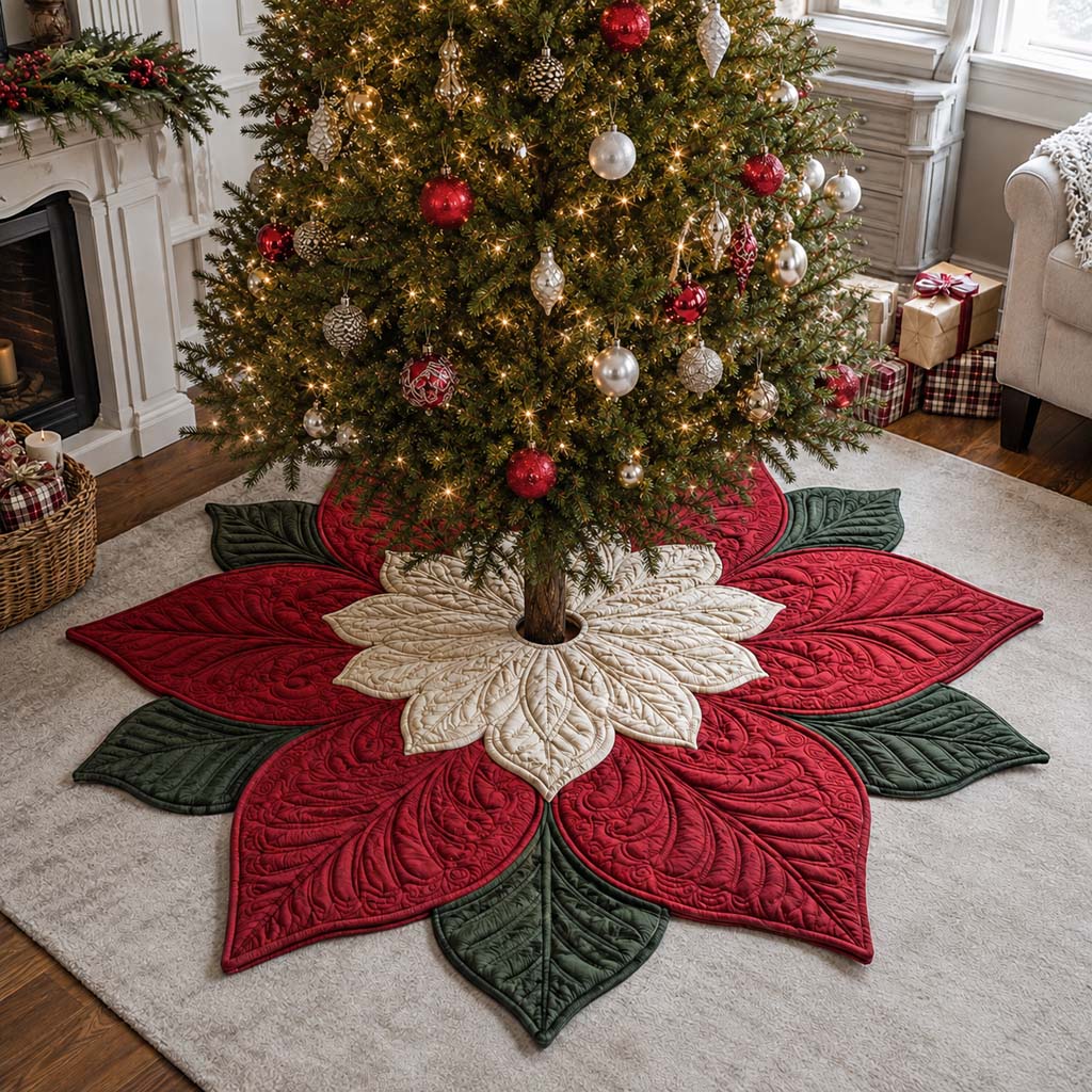Layered Poinsettia Custom Shape Christmas Quilted Tree Skirt TZL0HH0025