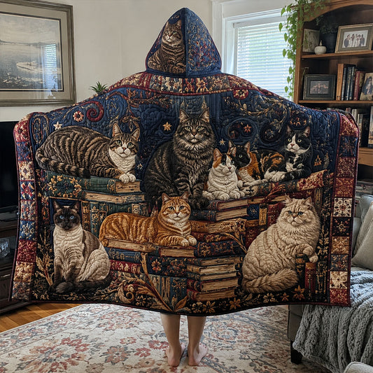 Library Cats at Night Quilted Hooded Blanket TZL0PT0152