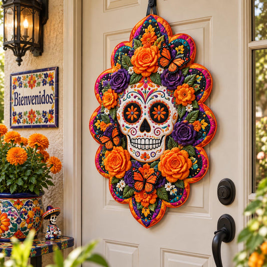Marigold Sugar Skull Custom Shape Quilted Door Hanger TZL0DV090