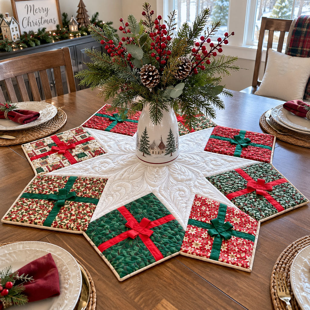 Merry Gift Box Medley Custom Shape Quilted Table Topper TZL0PT0354
