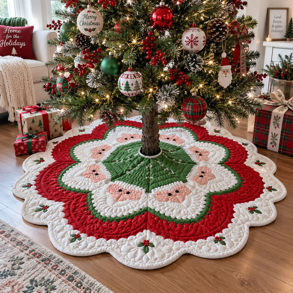 Merry Santa Gathering Custom Shape Christmas Quilted Tree Skirt TZL0PT0262