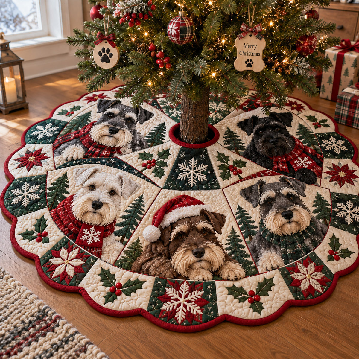 Merry Schnauzer Moments Custom Shape Christmas Quilted Tree Skirt TZL0PT0317