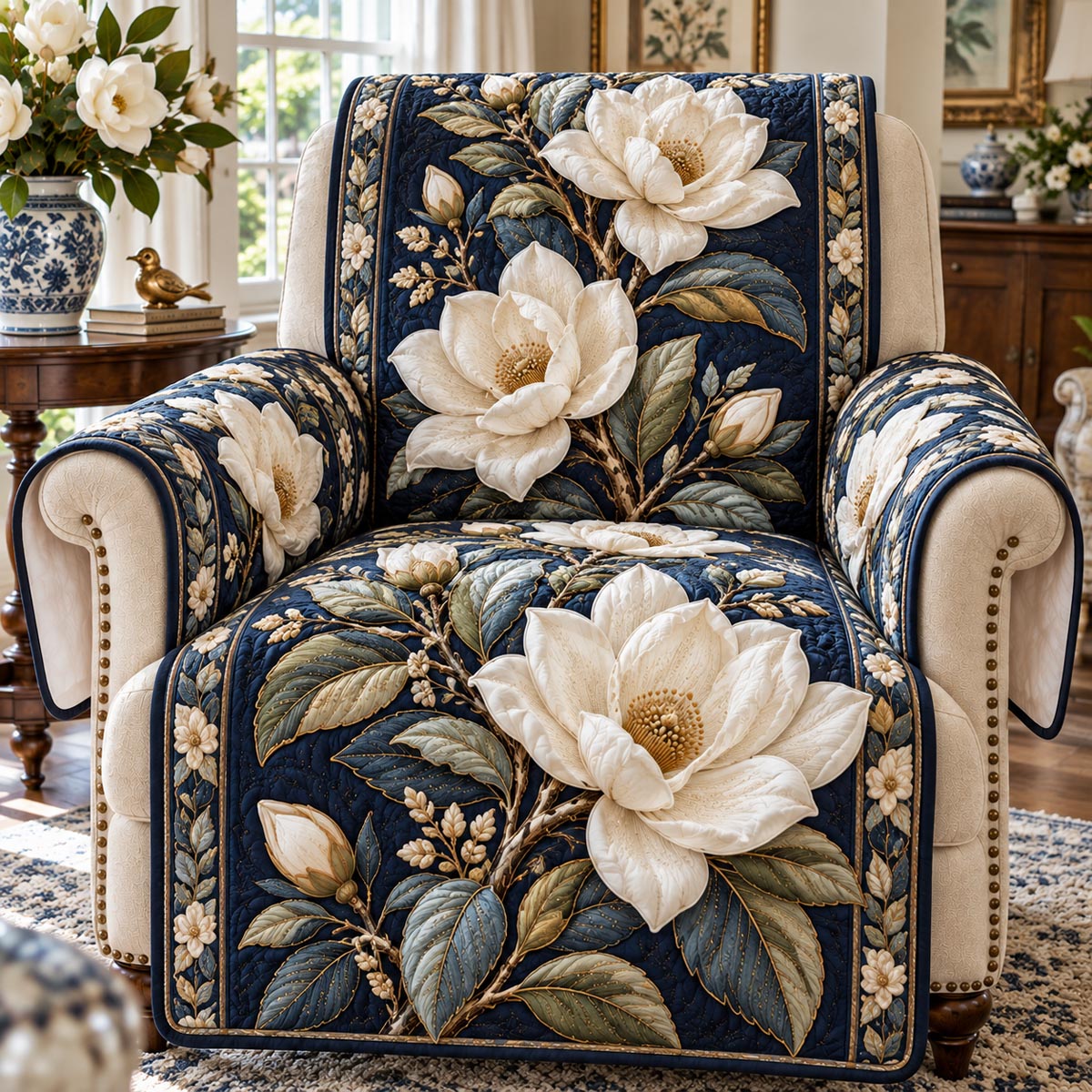 Midnight Blue Magnolia Quilted Sofa Cover TZL0DV520