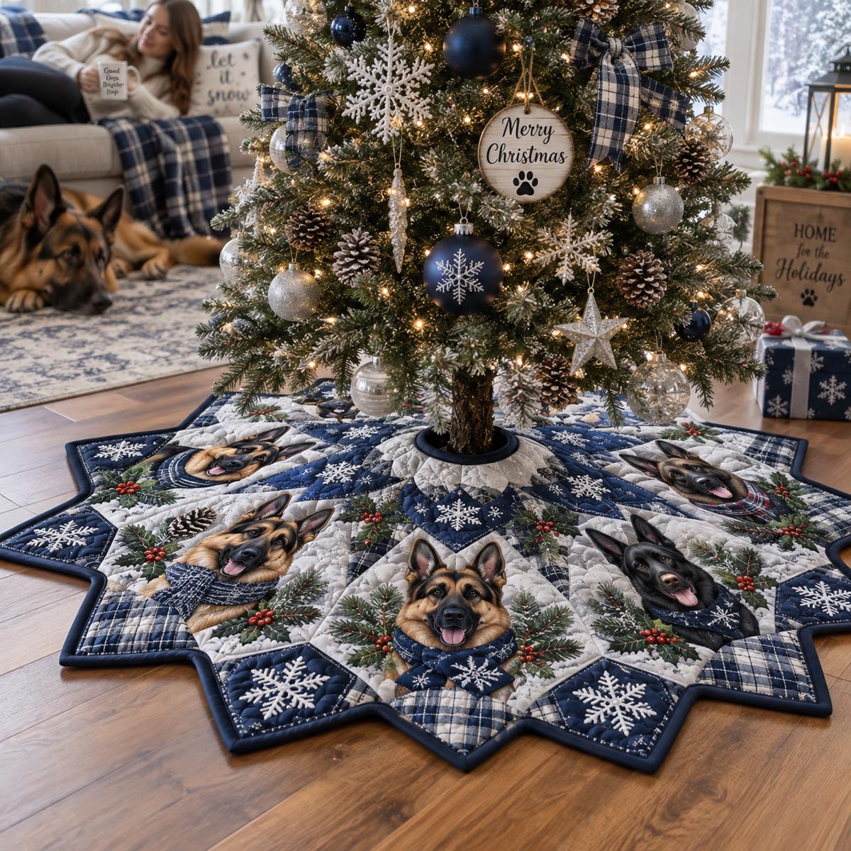 Midnight German Shepherd Custom Shape Christmas Quilted Tree Skirt TZL0DV153