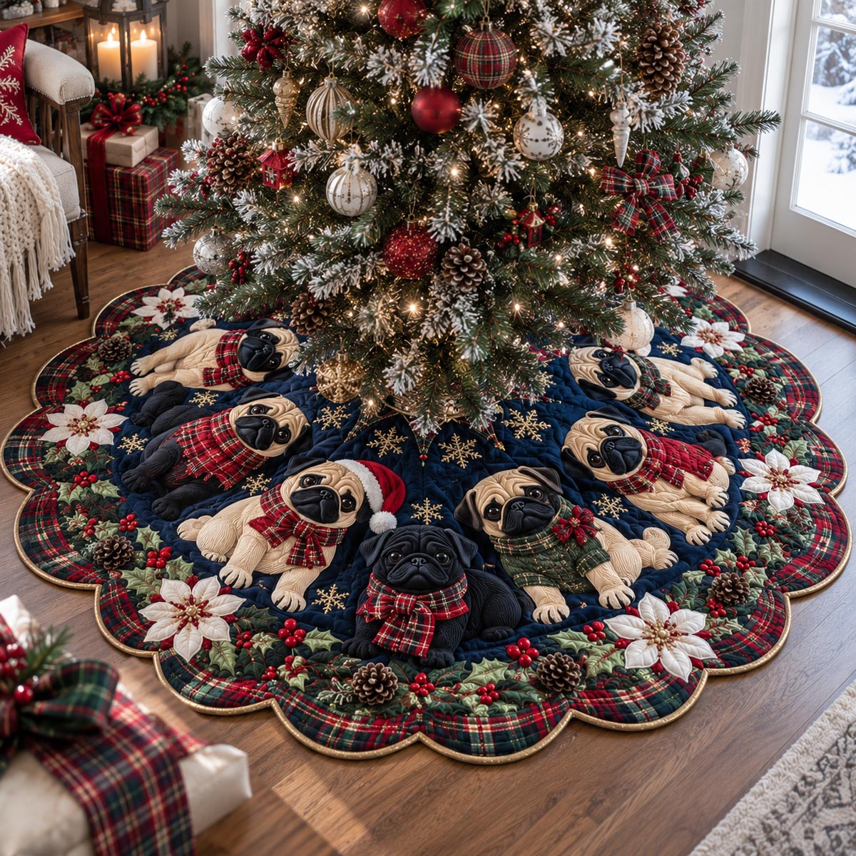 Midnight Pug Gathering Custom Shape Christmas Quilted Tree Skirt TZL0DV188