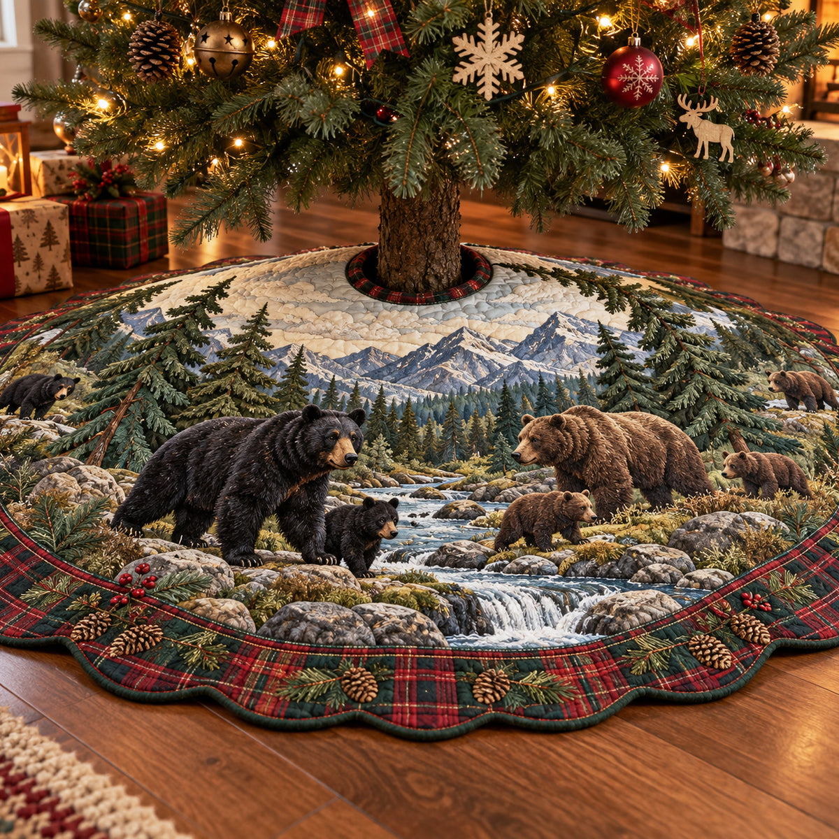 Mountain Bear Gathering Custom Shape Christmas Quilted Tree Skirt TZL0TV111