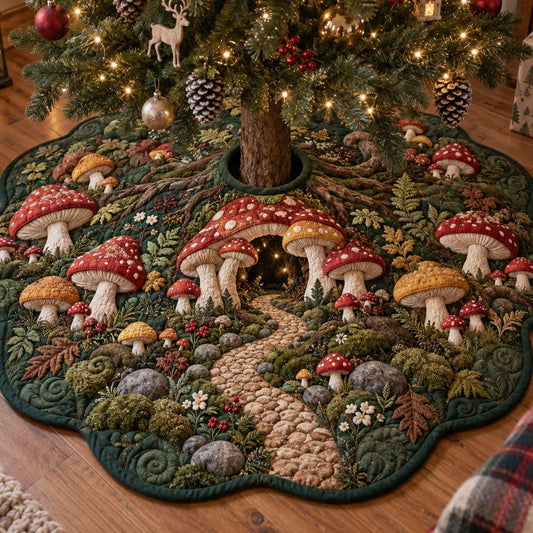 Mushroom Village Custom Shape Christmas Quilted Tree Skirt TZL0TV059