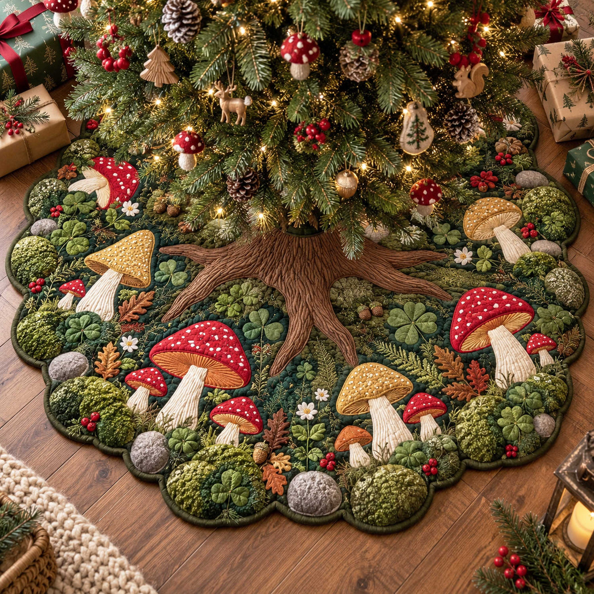 Mushroom Wonderland Custom Shape Christmas Quilted Tree Skirt TZL0TD20
