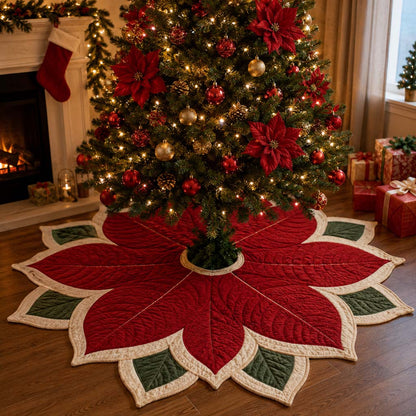 Petal Poinsettia Custom Shape Christmas Quilted Tree Skirt TZL0HH0026