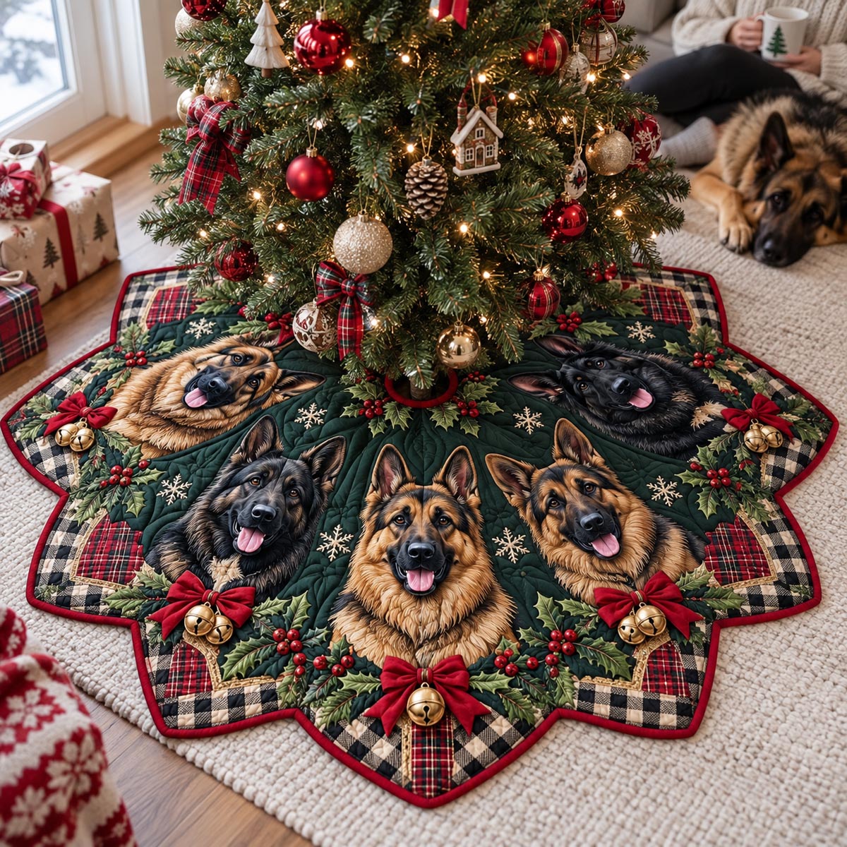 Plaid German Shepherd Custom Shape Christmas Quilted Tree Skirt TZL0DV138