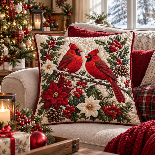 Poinsettia Cardinal Christmas Quilted Pillow Case TZL0DV273