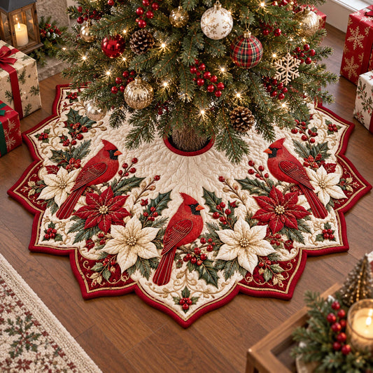 Poinsettia Cardinal Custom Shape Christmas Quilted Tree Skirt TZL0TD39