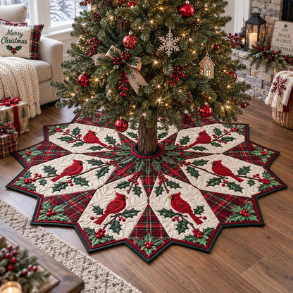 Poinsettia Cardinal Star Custom Shape Christmas Quilted Tree Skirt TZL0DV046