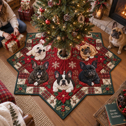 Poinsettia French Bulldog Star Custom Shape Christmas Quilted Tree Skirt TZL0DV126