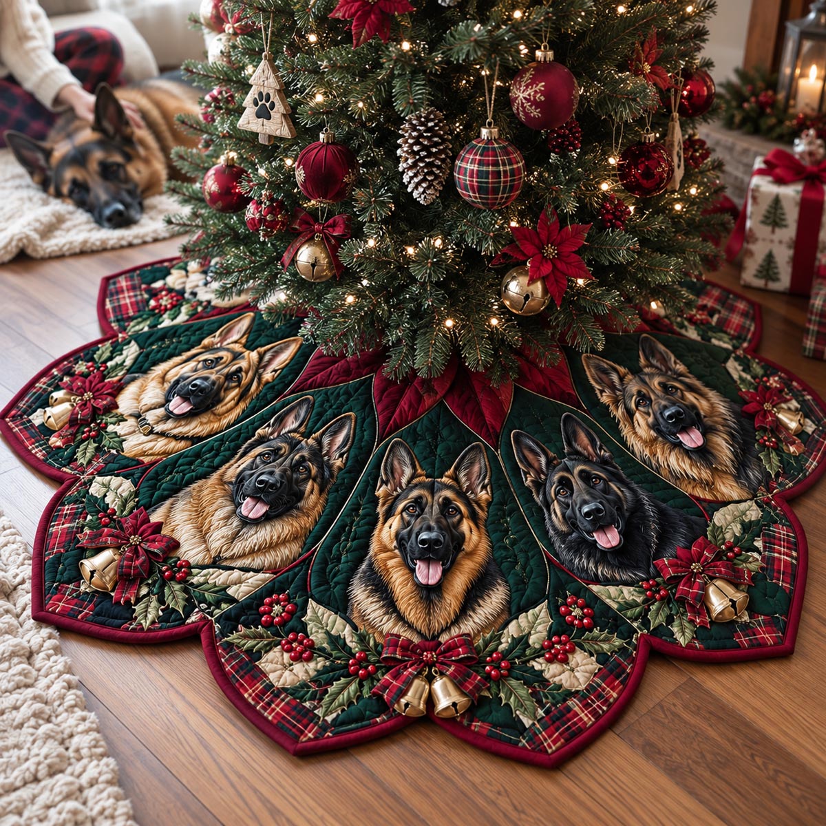 Poinsettia German Shepherd Custom Shape Christmas Quilted Tree Skirt TZL0DV140