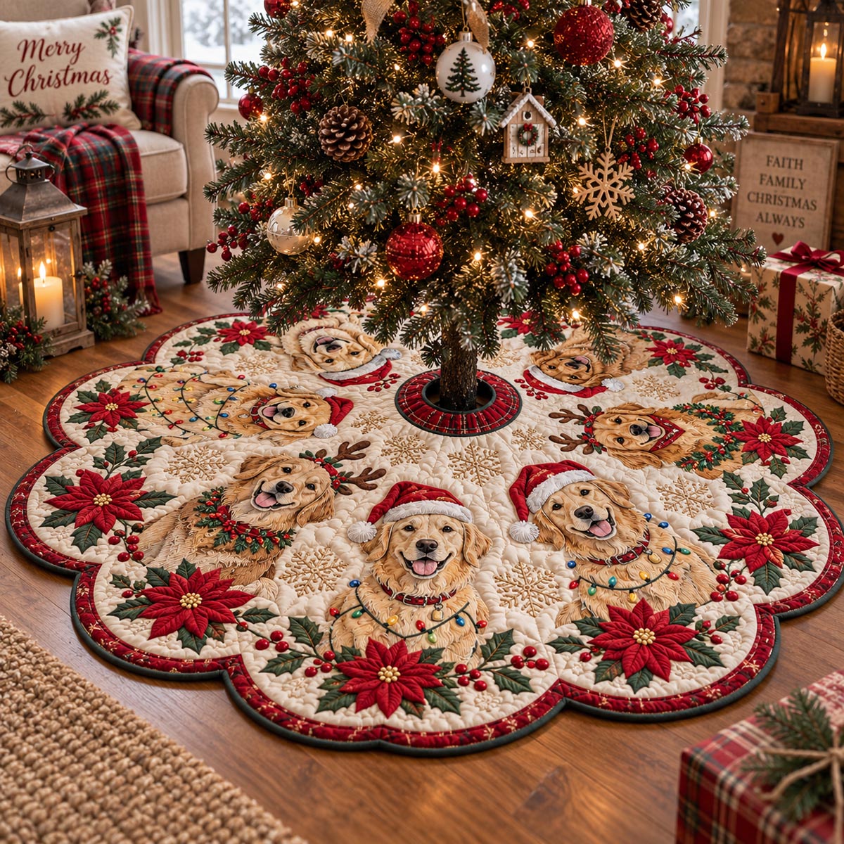 Poinsettia Golden Circle Custom Shape Christmas Quilted Tree Skirt TZL0DV166