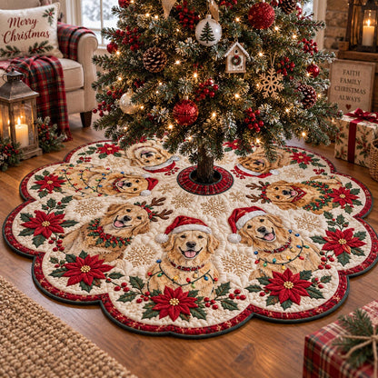 Poinsettia Golden Circle Custom Shape Christmas Quilted Tree Skirt TZL0DV166
