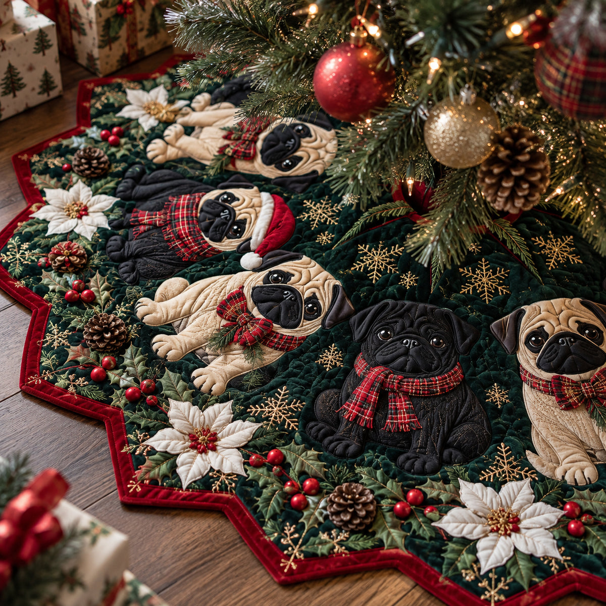 Poinsettia Pug Garden Custom Shape Christmas Quilted Tree Skirt TZL0DV191