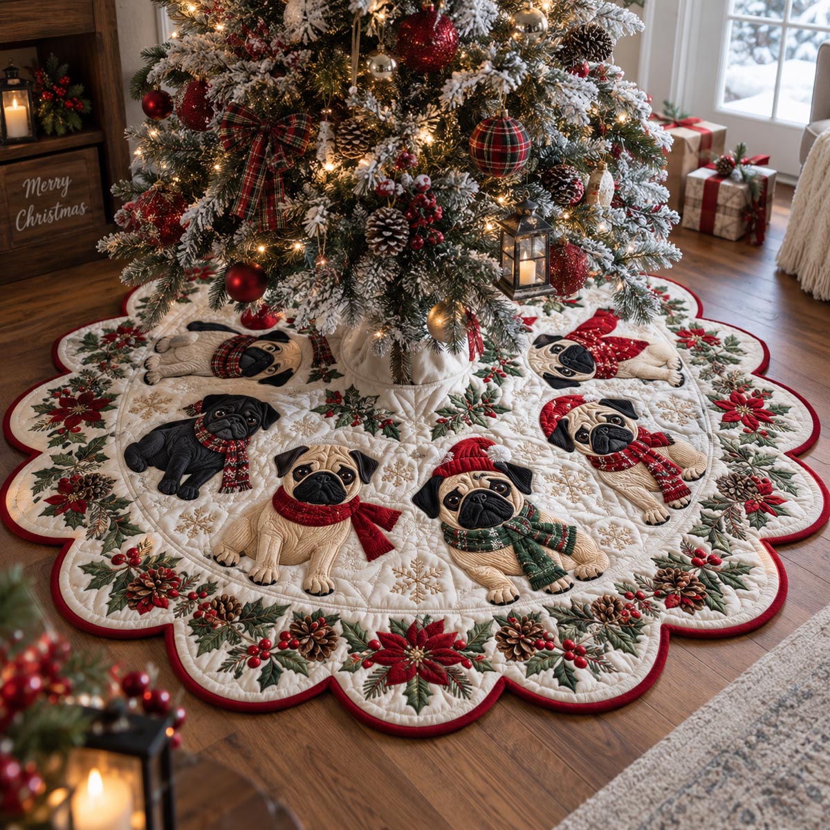 Poinsettia Pug Wreath Custom Shape Christmas Quilted Tree Skirt TZL0DV185