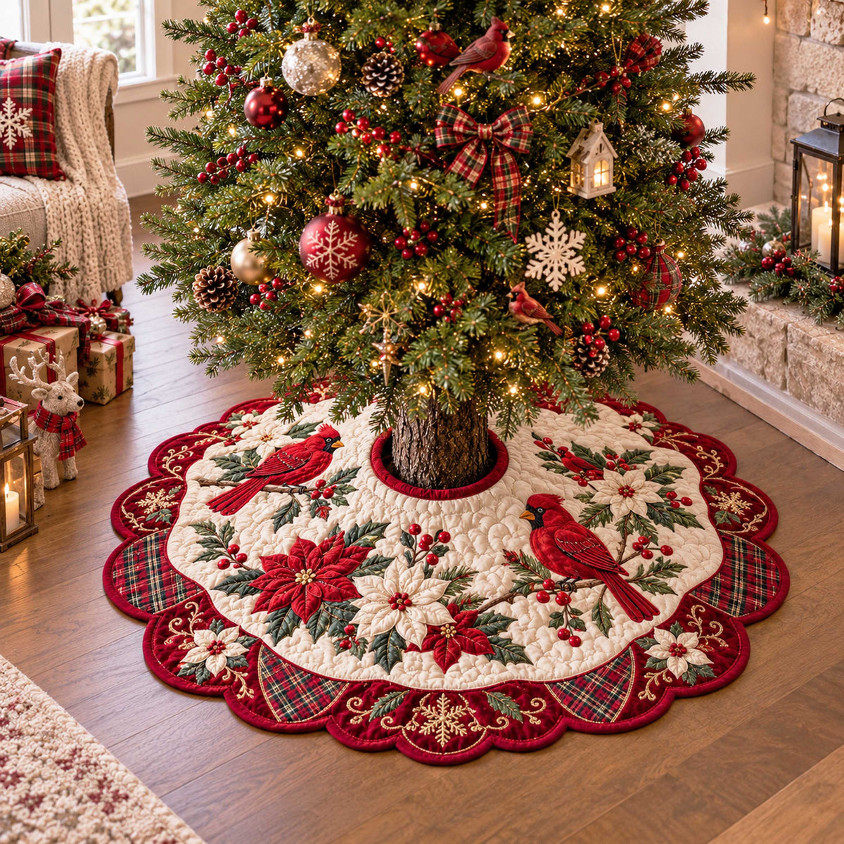 Poinsettia Songbird Custom Shape Christmas Quilted Tree Skirt TZL0TD41
