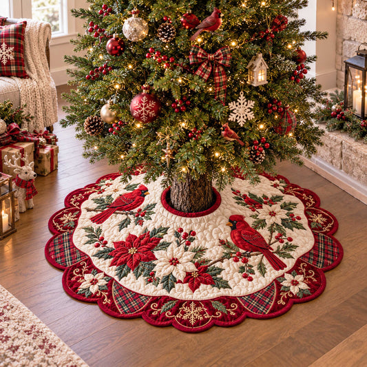 Poinsettia Songbird Custom Shape Christmas Quilted Tree Skirt TZL0TD41