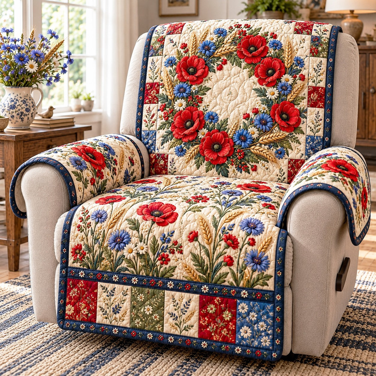 Poppy Wreath Recliner Quilted Sofa Cover TZL0TD327 – Threadzily