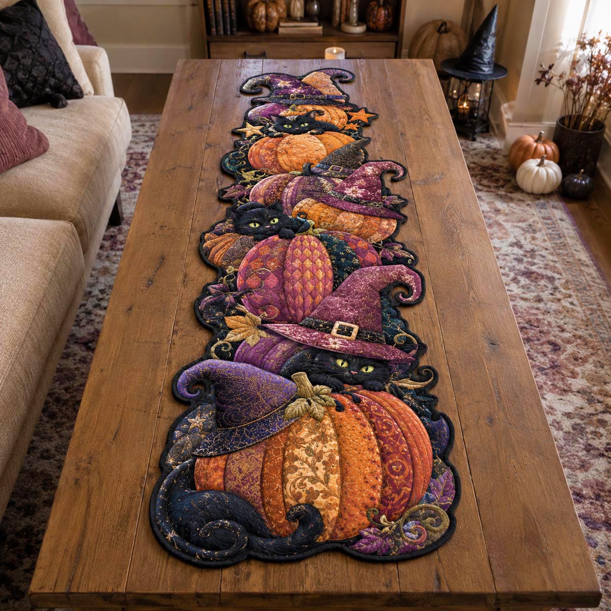 Pumpkin Witch Parade Custom Shape Quilted Table Runner SN0DV134