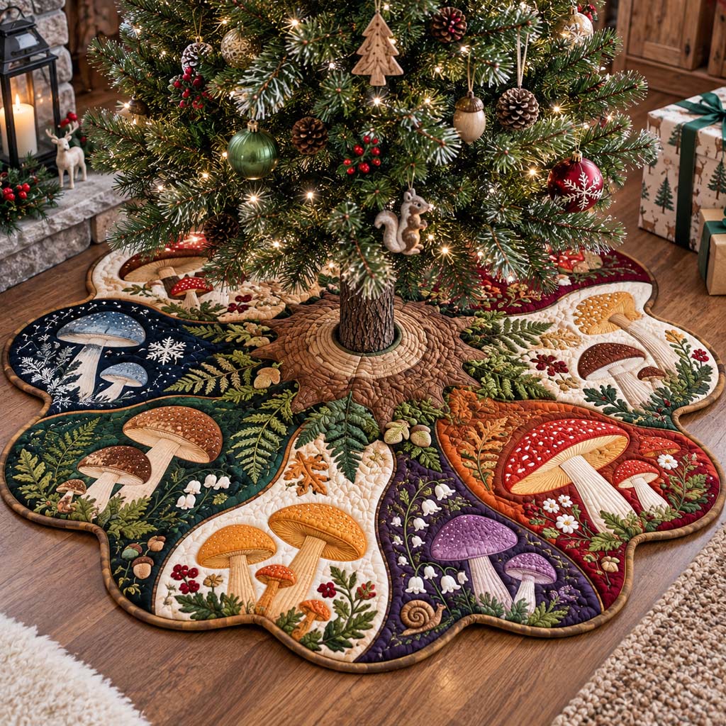 Rainbow Mushroom Custom Shape Christmas Quilted Tree Skirt TZL0HH0008