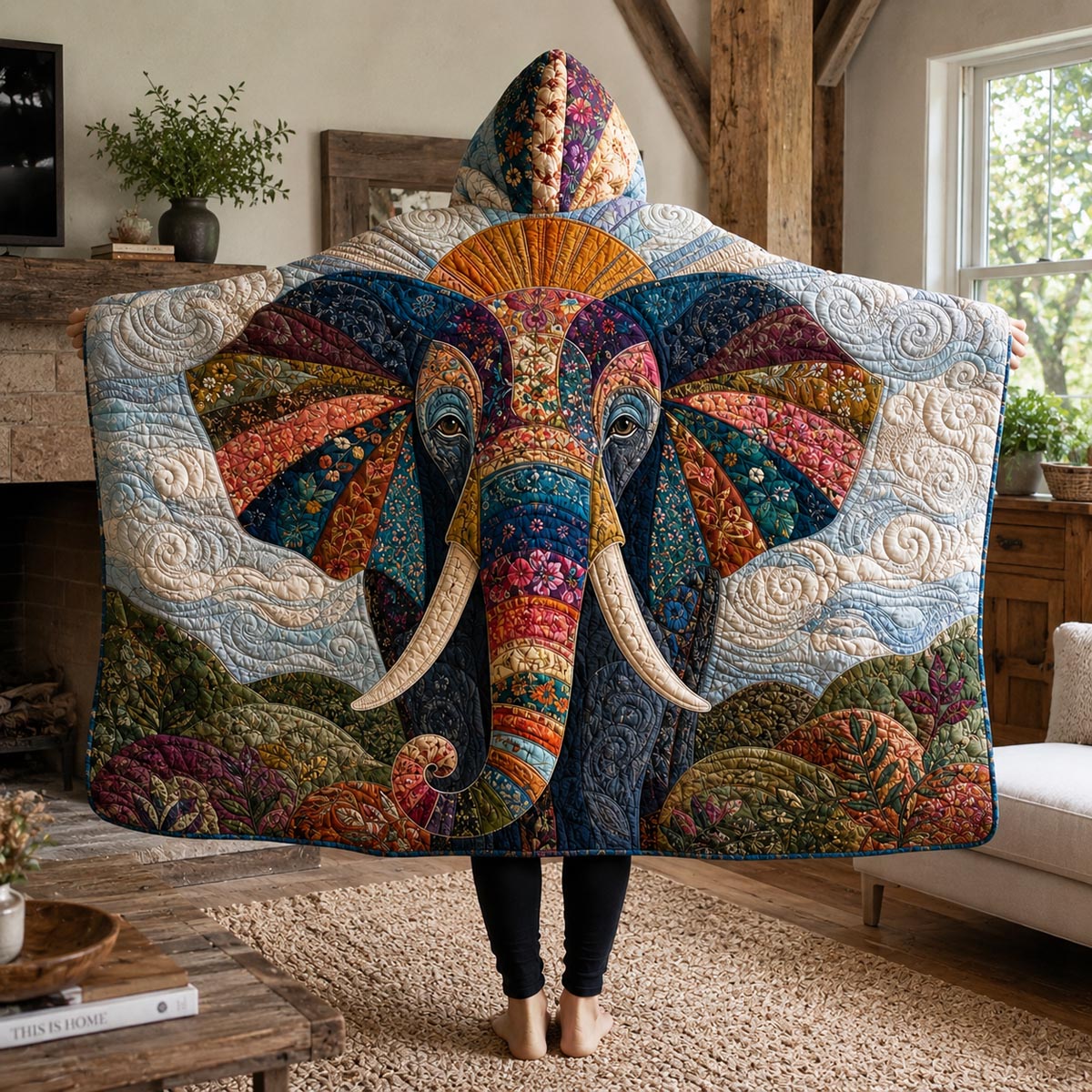 Rainbow Spirit Elephant Quilted Hooded Blanket TZL0DV024