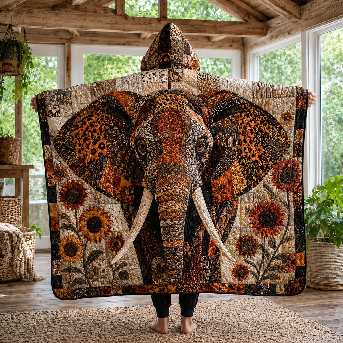 Regal Sunflower Elephant Quilted Hooded Blanket TZL0DV021