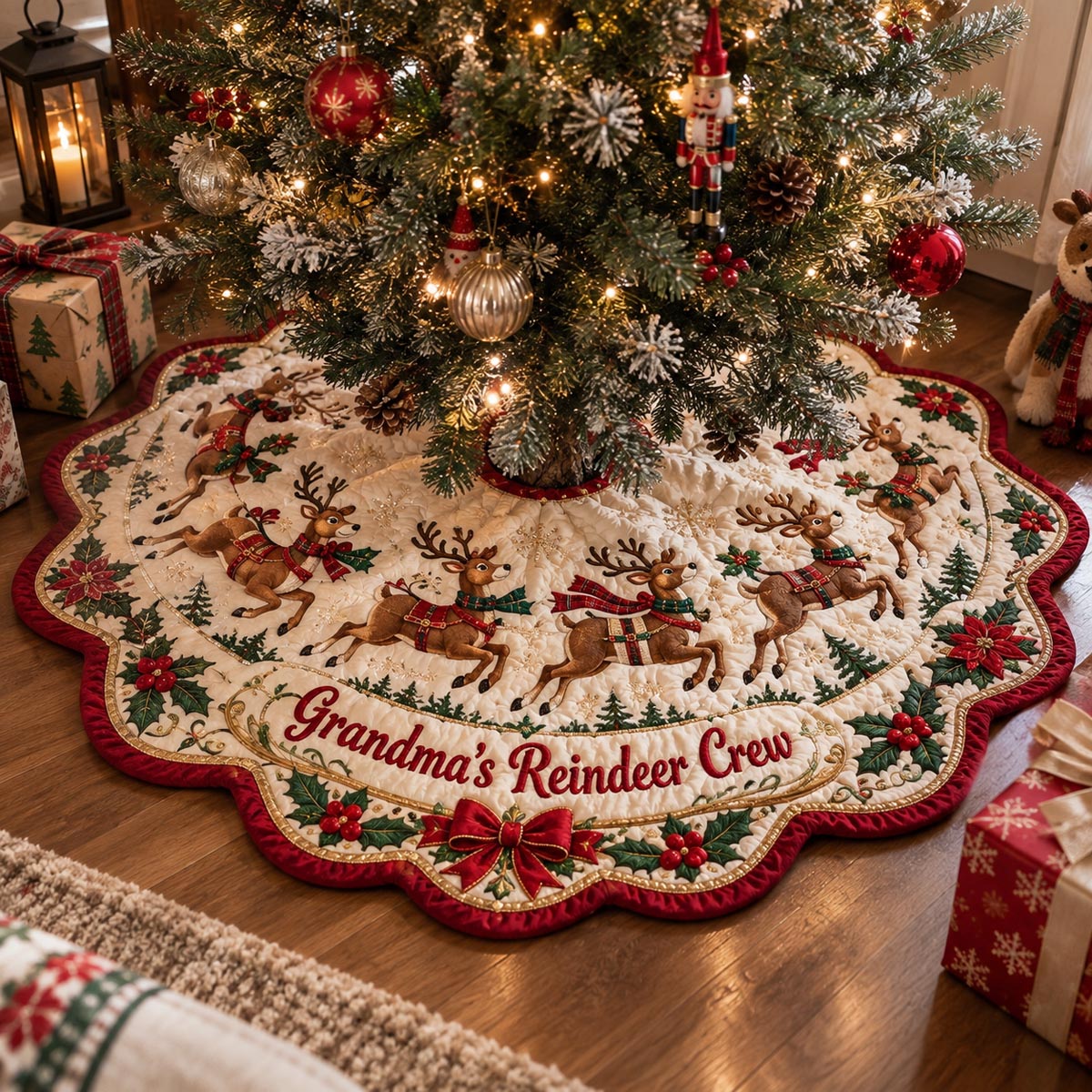 Reindeer Circle Custom Shape Christmas Quilted Tree Skirt TZL0DV176