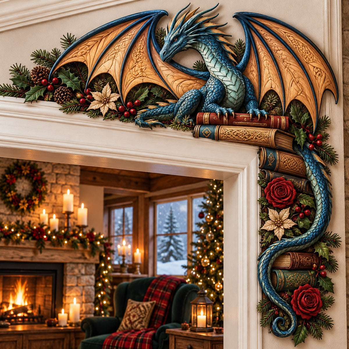 Rose Bookstack Dragon Christmas Door Corner Sign TZL0PT0757