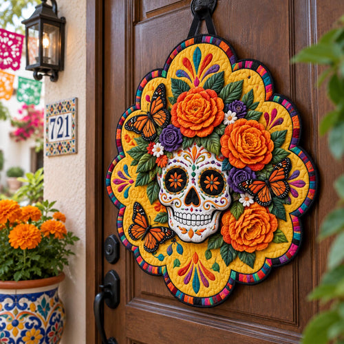 Rose Sugar Skull Custom Shape Quilted Door Hanger TZL0DV089