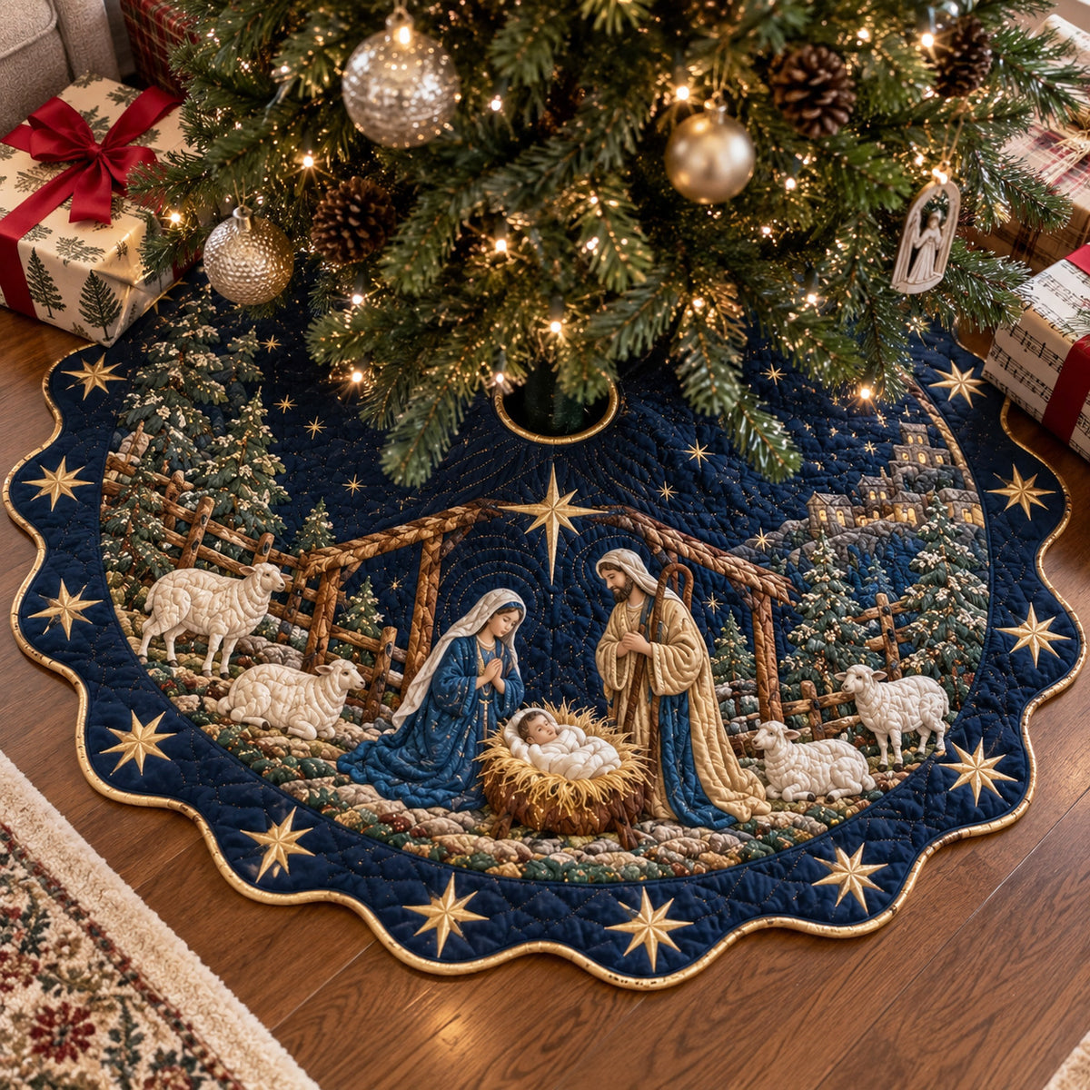 Sacred Manger Custom Shape Christmas Quilted Tree Skirt TZL0TV062