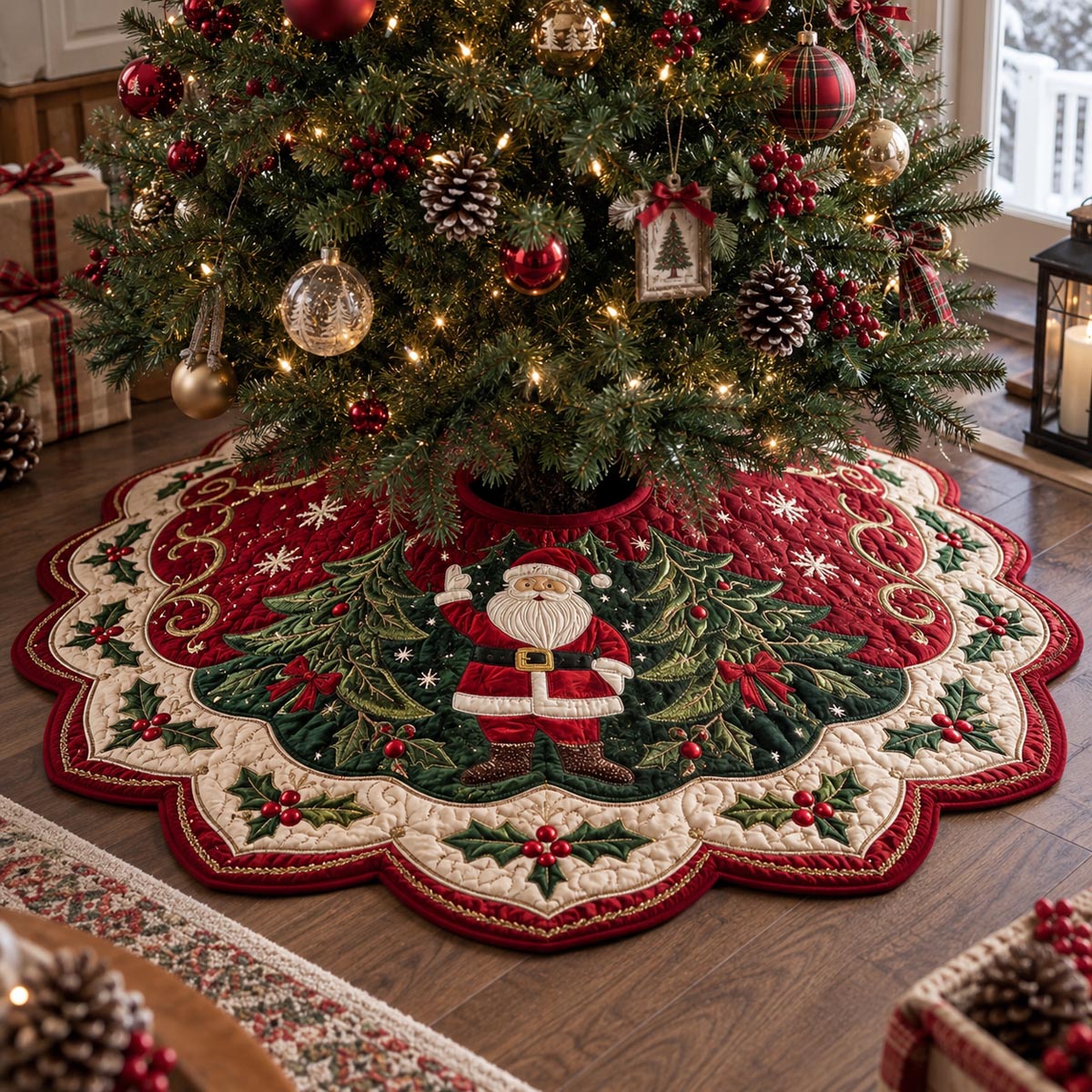 Santa Evergreen Wreath Custom Shape Christmas Quilted Tree Skirt TZL0DV042
