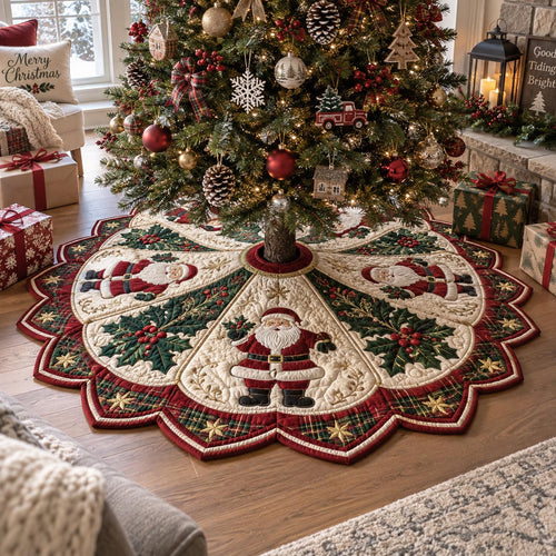 Santa Holiday Medallion Custom Shape Christmas Quilted Tree Skirt TZL0DV043