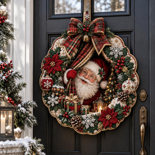 Santa Plaid Wreath Custom Shape Quilted Door Hanger TZL0DV107