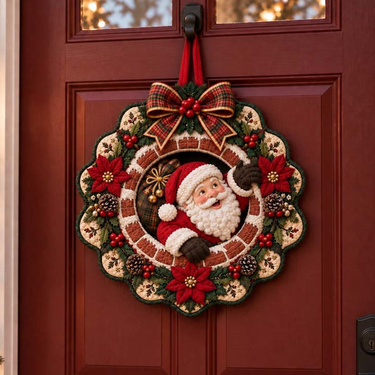 Santa Poinsettia Ring Custom Shape Quilted Door Hanger TZL0HH0075