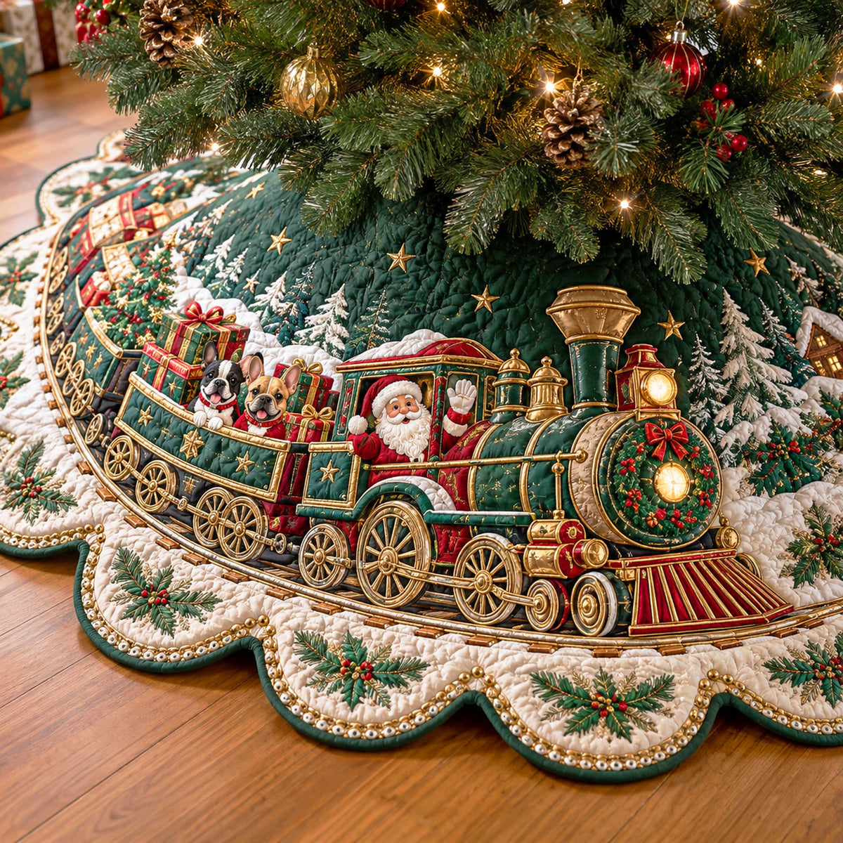 Santa Train Custom Shape Christmas Quilted Tree Skirt TZL0TD126