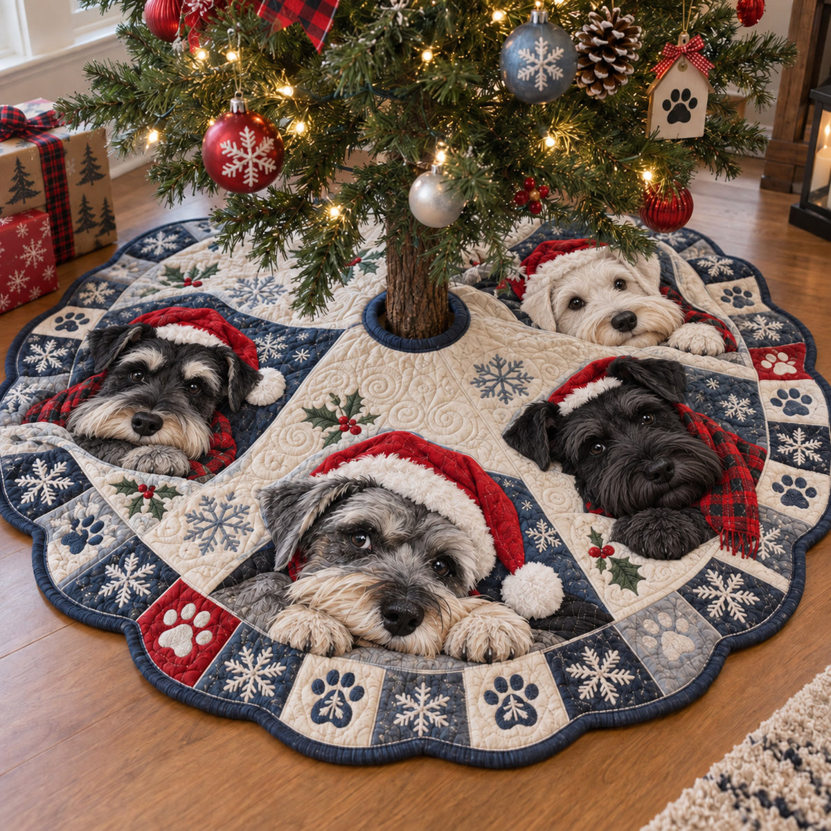 Schnauzer Under the Tree Custom Shape Christmas Quilted Tree Skirt TZL0PT0324