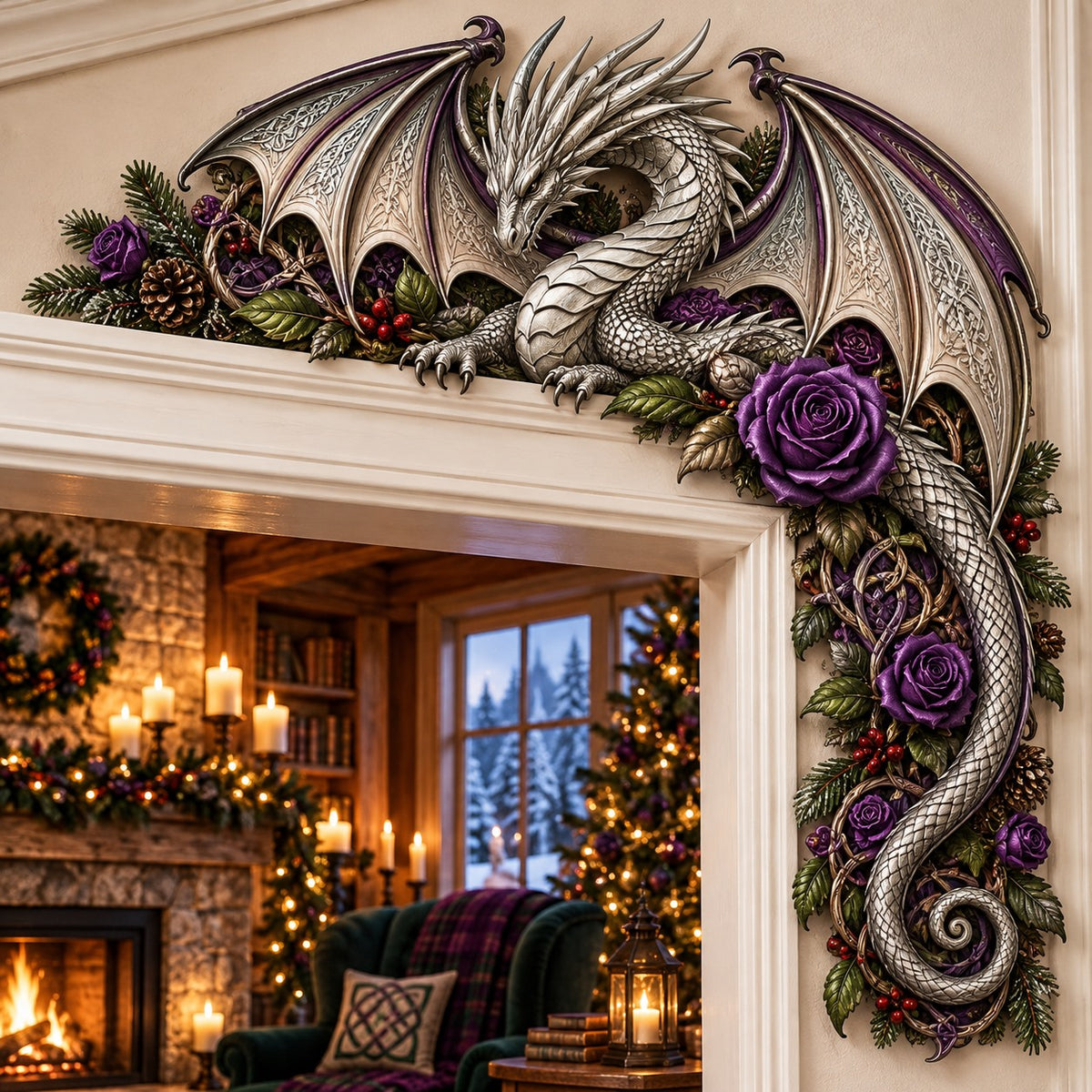 Silver Rose Dragon Christmas Door Corner Sign TZL0PT0740