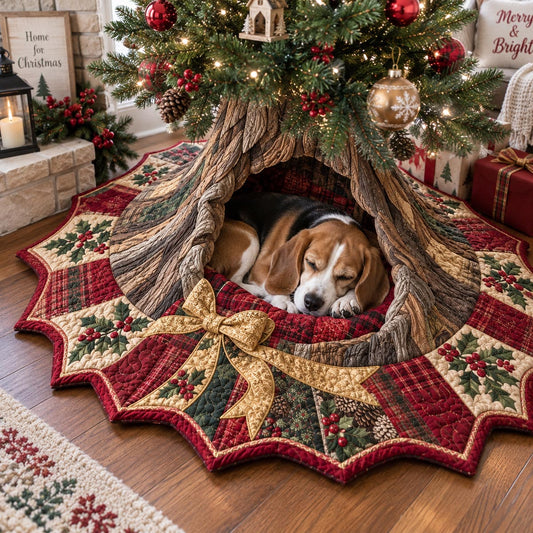Sleepy Beagle Hideaway Custom Shape Christmas Quilted Tree Skirt TZL0DV307