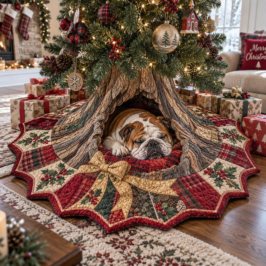 Sleepy Bulldog Hideaway Custom Shape Christmas Quilted Tree Skirt TZL0DV308